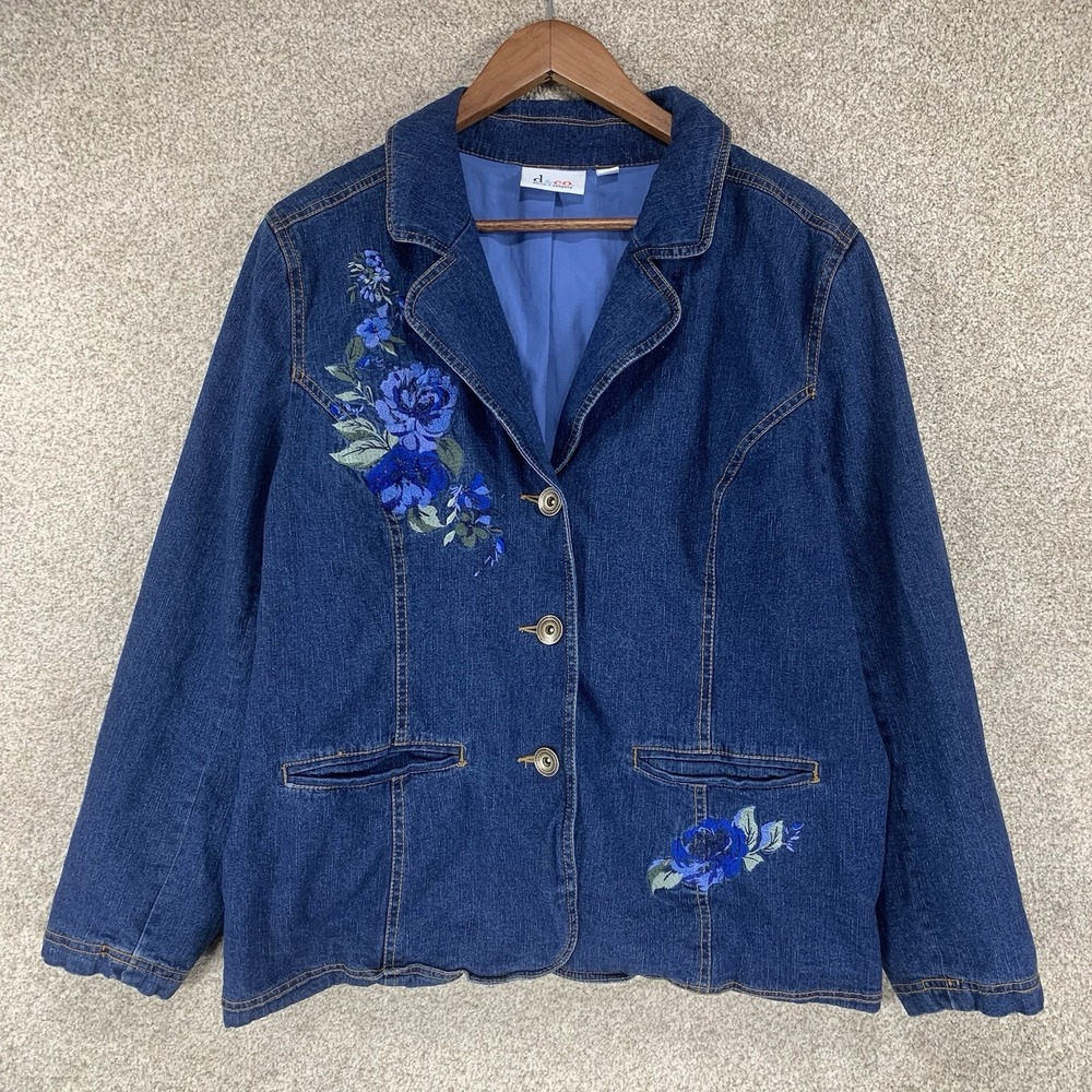 VTG Denim & Co Embroidered‎ Floral Denim Jacket L Beaded Cottage Core Granny